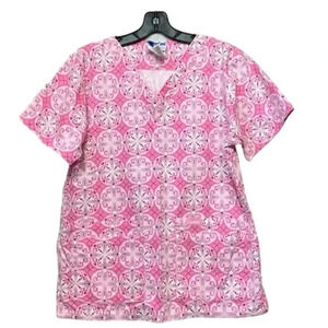 Landau Women's Pink Floral V-Neck Scrub Top Size S Short Sleeve Workwear